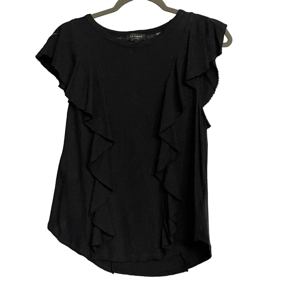 Ted Baker Kathley Top Black Cotton Linen Blend Ruffled SZ 4 US 10 Sleeveless
